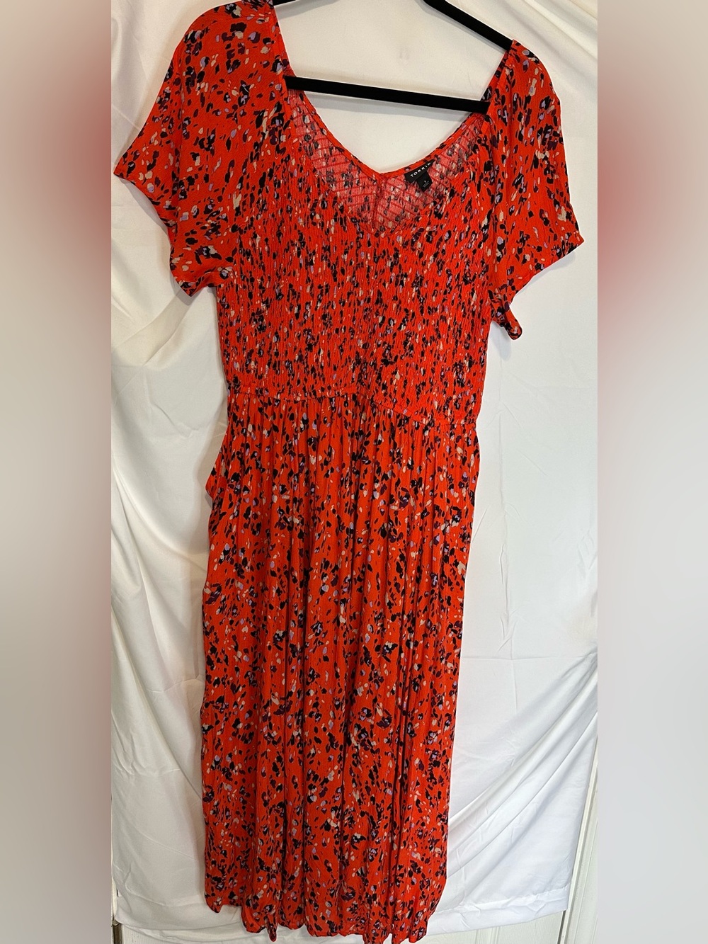 Torrid Orange-Red Printed Short-Sleeve Midi Dress with Scoop Neck size 1 (14/16) - Picture 3 of 7